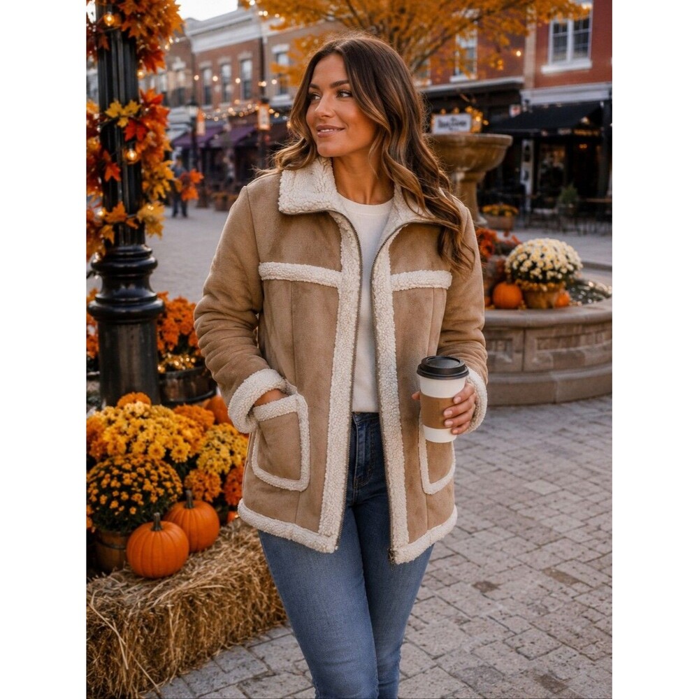 Paris Blues Tan Sherling Jacket Faux Suede Sherpa Vintage Med Fall Winter Coat